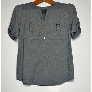 PerSeption Concept Blouse Top Womens Small Heather Gray Roll Tab Sleeves V Neck